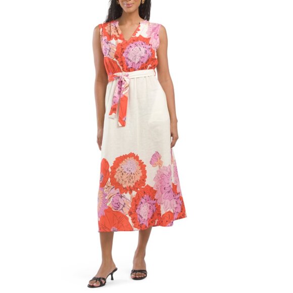 MAGARI Red Made In Italy Linen Blend Sleeveless Self Belt Printed Maxi Dress